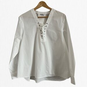 Reitmans White V-Neck Long Sleeve Blouse with Tie Front and Bib Collar